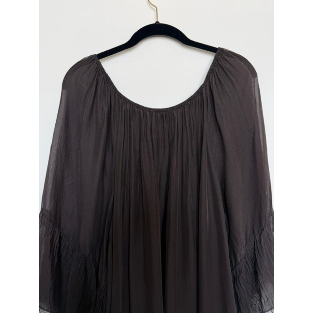 Chocolate Brown Silk Blend Boho Off Shoulder Flowy Dress | Peasant Mini | M/L - Picture 9 of 9